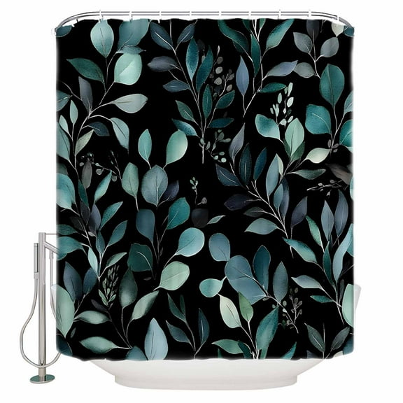 Teal Black Botanical Shower Curtains for Bathroom Waterproof Fabric Bath Curtains Decor Bath Tub Curtain Spring Eucalyptus Leaves Greenery Decorative Shower Curtain Sets with 12 Hooks, 72x72 Inch