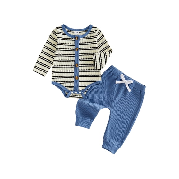 RUINIXCW Baby Boy Fall Outfit Striped Knit Long Sleeve Rompers Elastic Pants Set