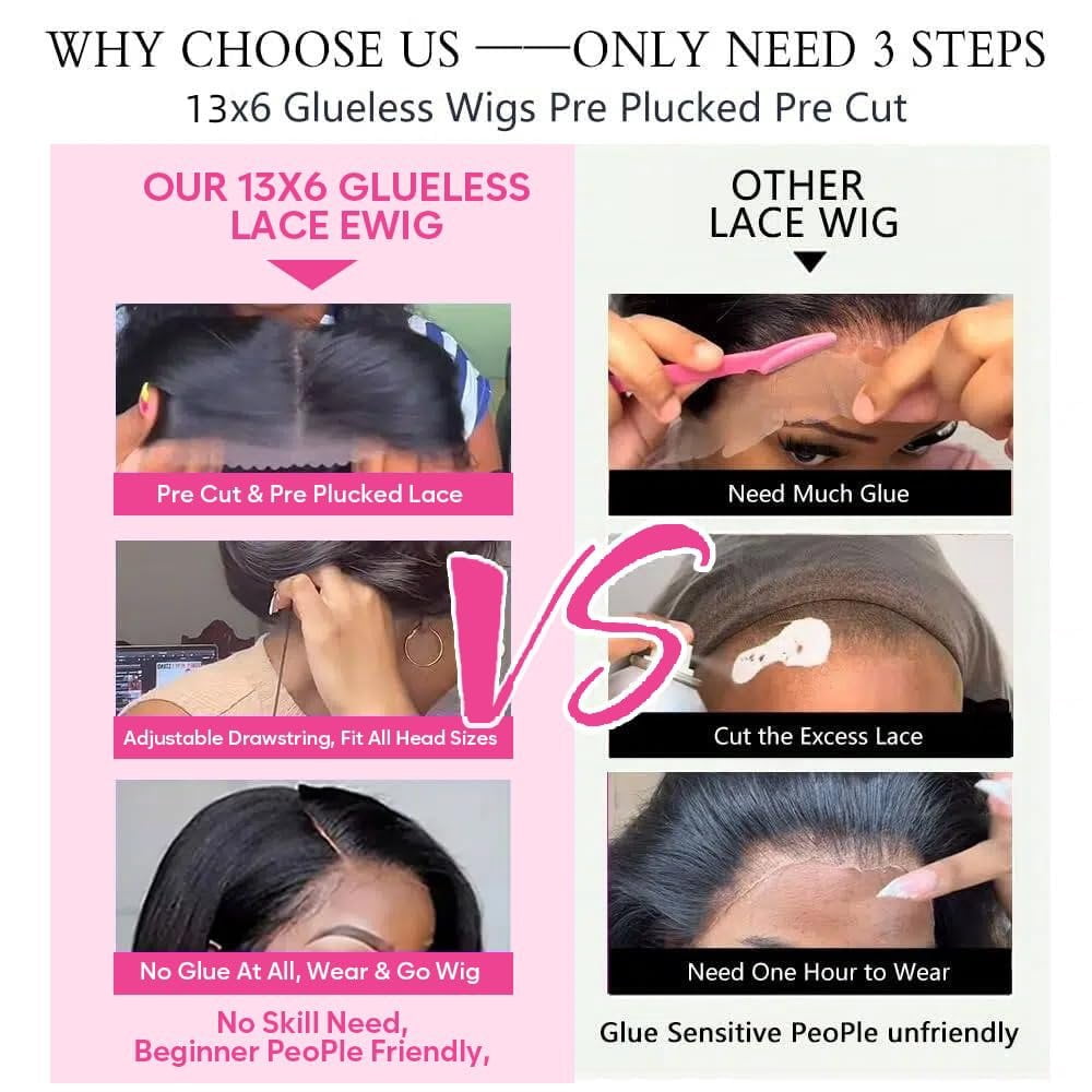 Bling Hair 13x6 Glueless Drawstring Wig Human Hair Straight Wear and Go Upgraded Ear-to-Ear Pre Cut  Lace Frontal Wigs Human Hair 180% Density Pre Plucked Human Hair Wigs for Black Women 20 Inch