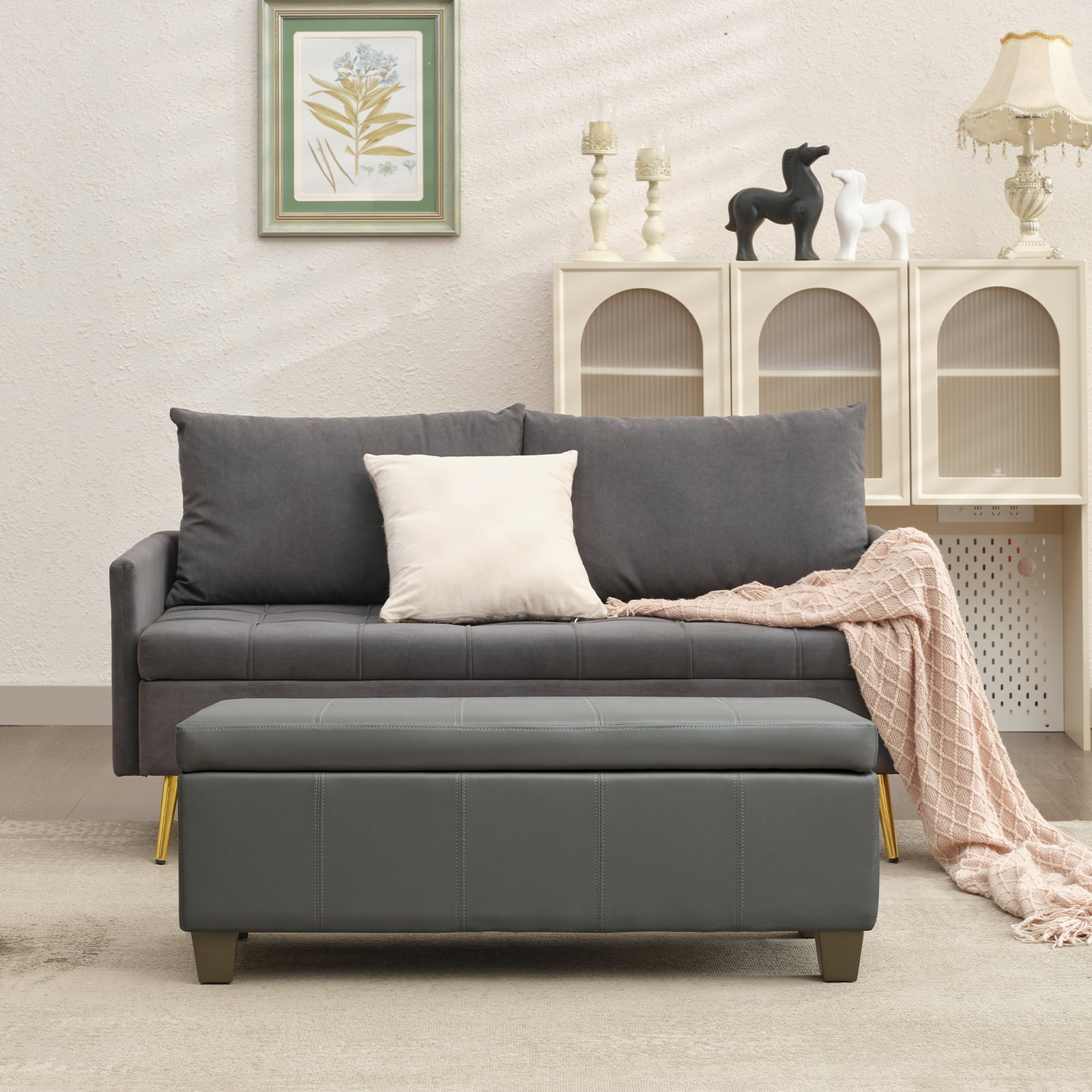 Foredo Rectangle Ottoman with Storage, Modern Faux Leather Bench with Solid Wood Legs, Ottoman for Living Room, Bedroom and Entryway, Gray
