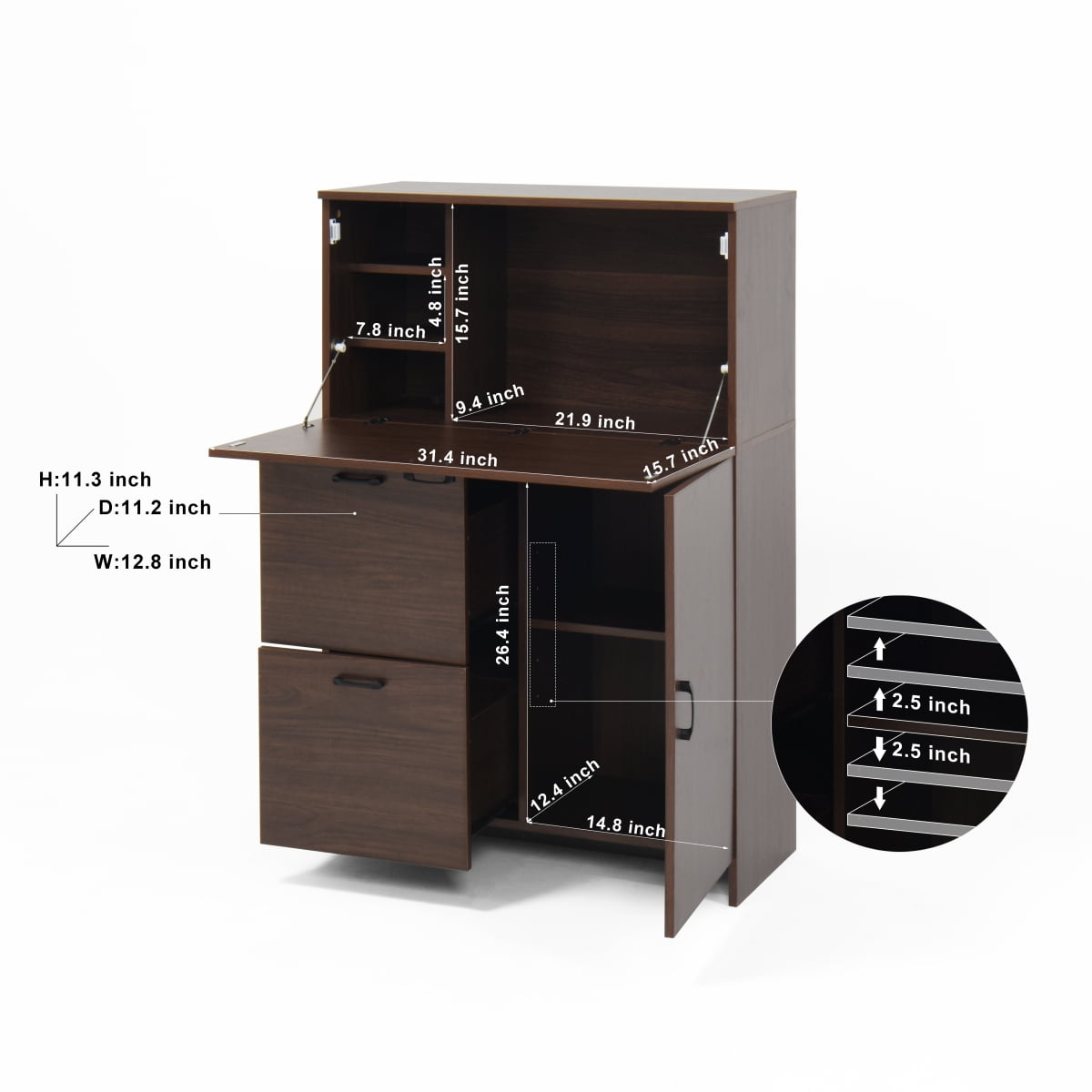 GZXS Desk Cabinet with Fold-Up Desktop, 2 Drawers & Adjustable Shelf, Modern Secretary Desk Space-Saving Organizer for Home, Office, Kitchen, Dorm (Walnut)