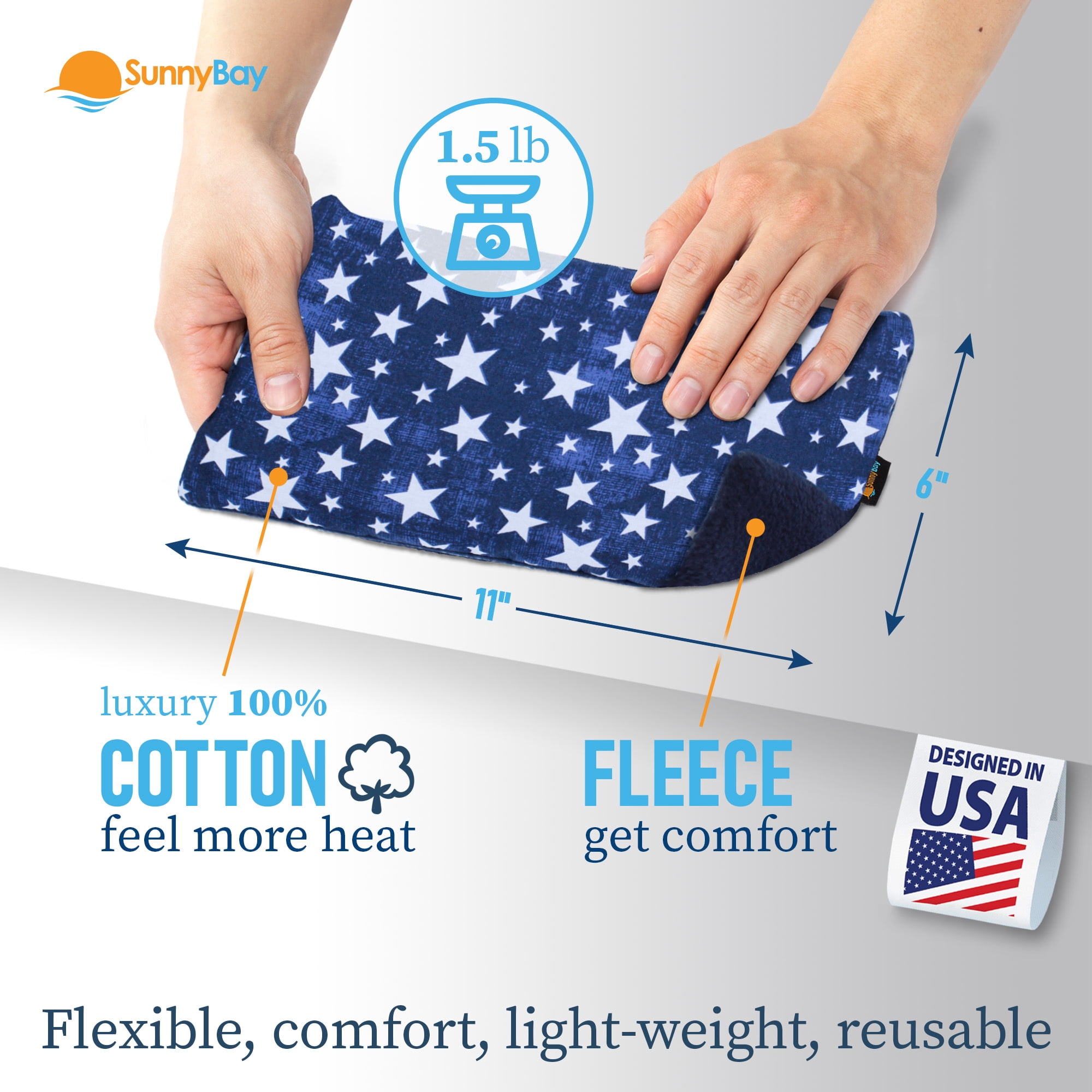 SunnyBay Small Microwave Heating Pad, Microwavable Versatile Cold/Heated Neck and Shoulder Wrap for Back Pain and More, Odorless Heat Organic Cotton-Plush Pad, 6x11 Inches, Blue-Stars