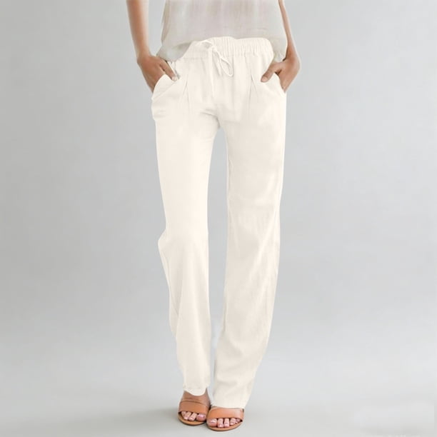 Karight Cotton Linen Pants Women Casual Straight Leg Drawstring Elastic Hight Waist Trousers Pockets Loose Palazzo Pants