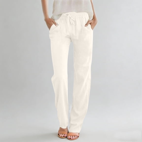 Women's Casual High-Waisted Linen-Look Loose Fit Straight Leg Pants with Pockets and Pleated Detail