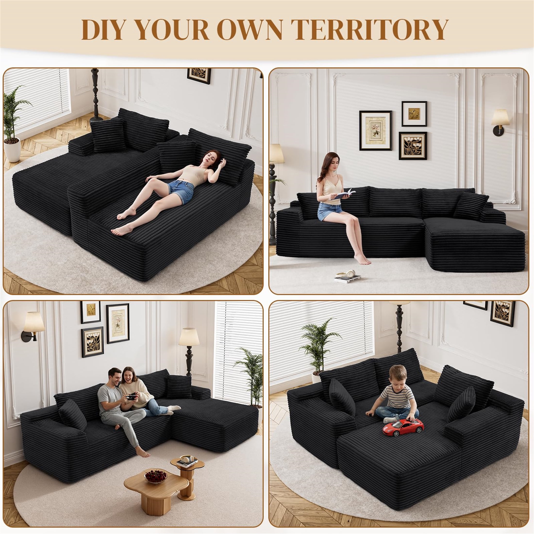 Aukfa 96" Cloud Sectional Sofa Deep Seat Boneless Couch Modular L-Shaped Couch, Right Chaise Corduroy Sofa for Living Room, Black