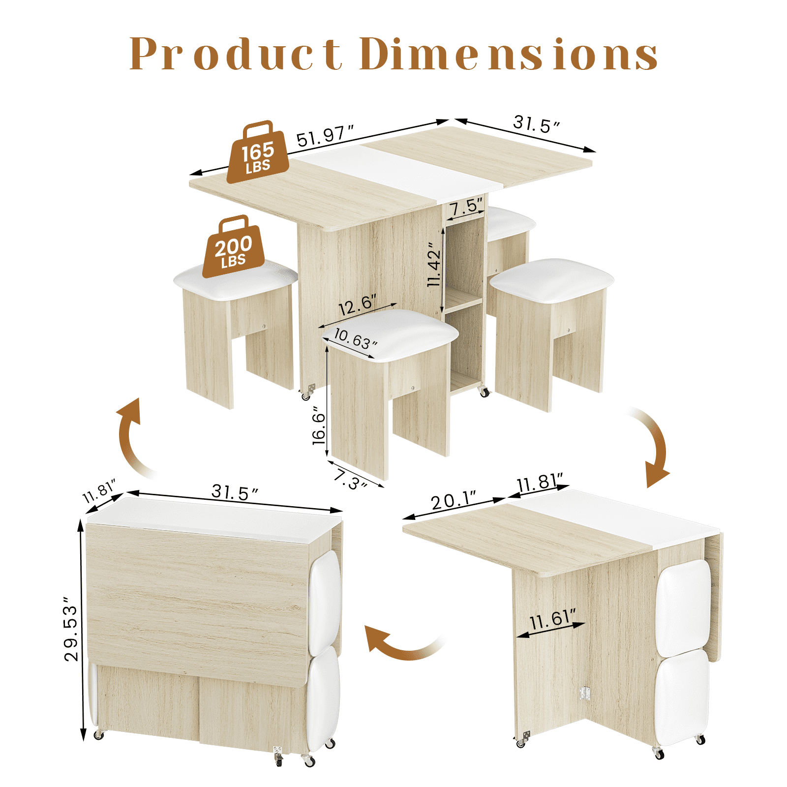 Baxluxe Folding Kitchen Table with Chairs,Dining Table Set for 4,Drop Leaf Table with 6 Wheels,Expandable Dining Table,Multifunction Expandable Table for Living Room, Folding Kitchen Table