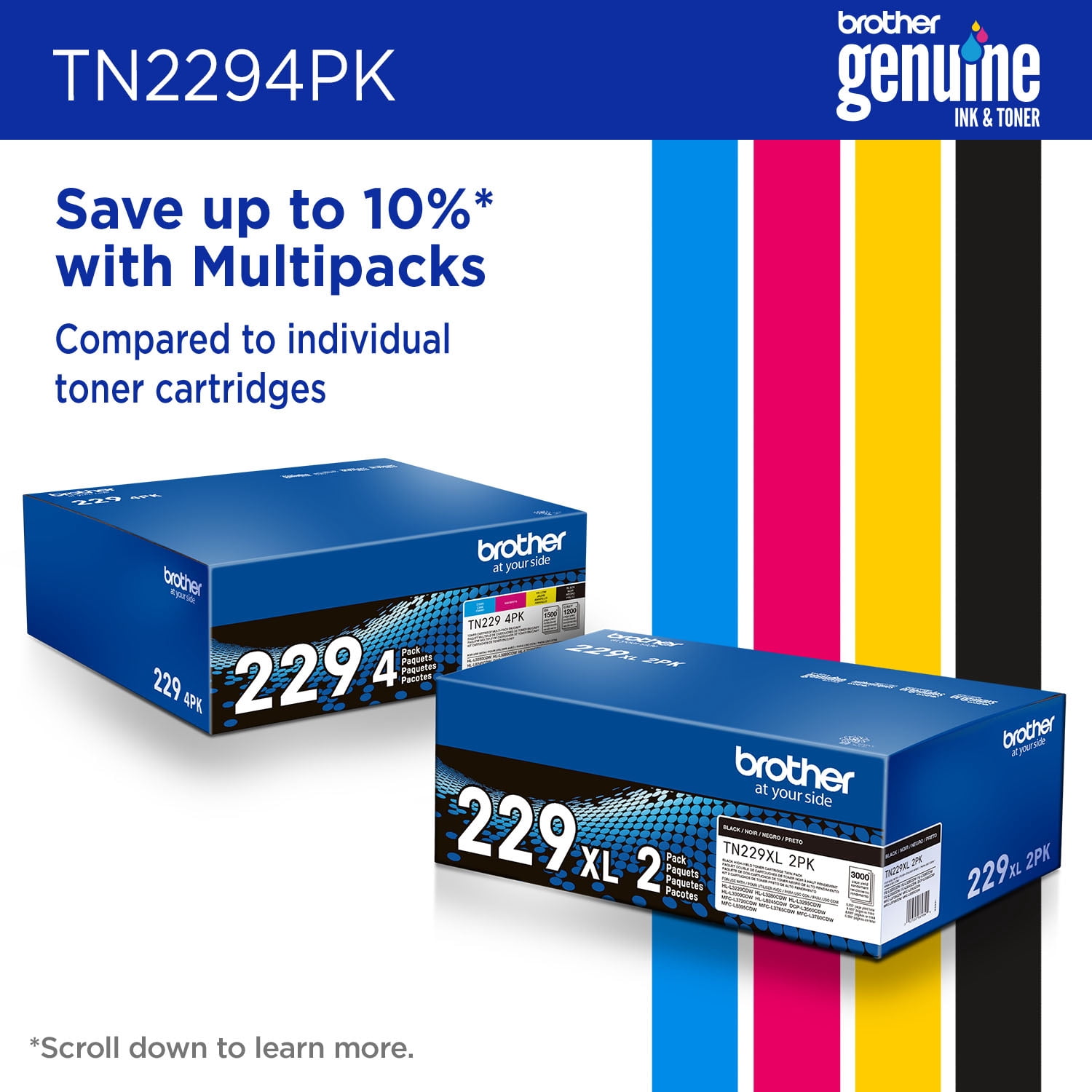 Brother Genuine TN229 4PK Standard Yield Toner Cartridge Multipack (Includes 1 cartridge each of Cyan, Magenta, Yellow, Black)