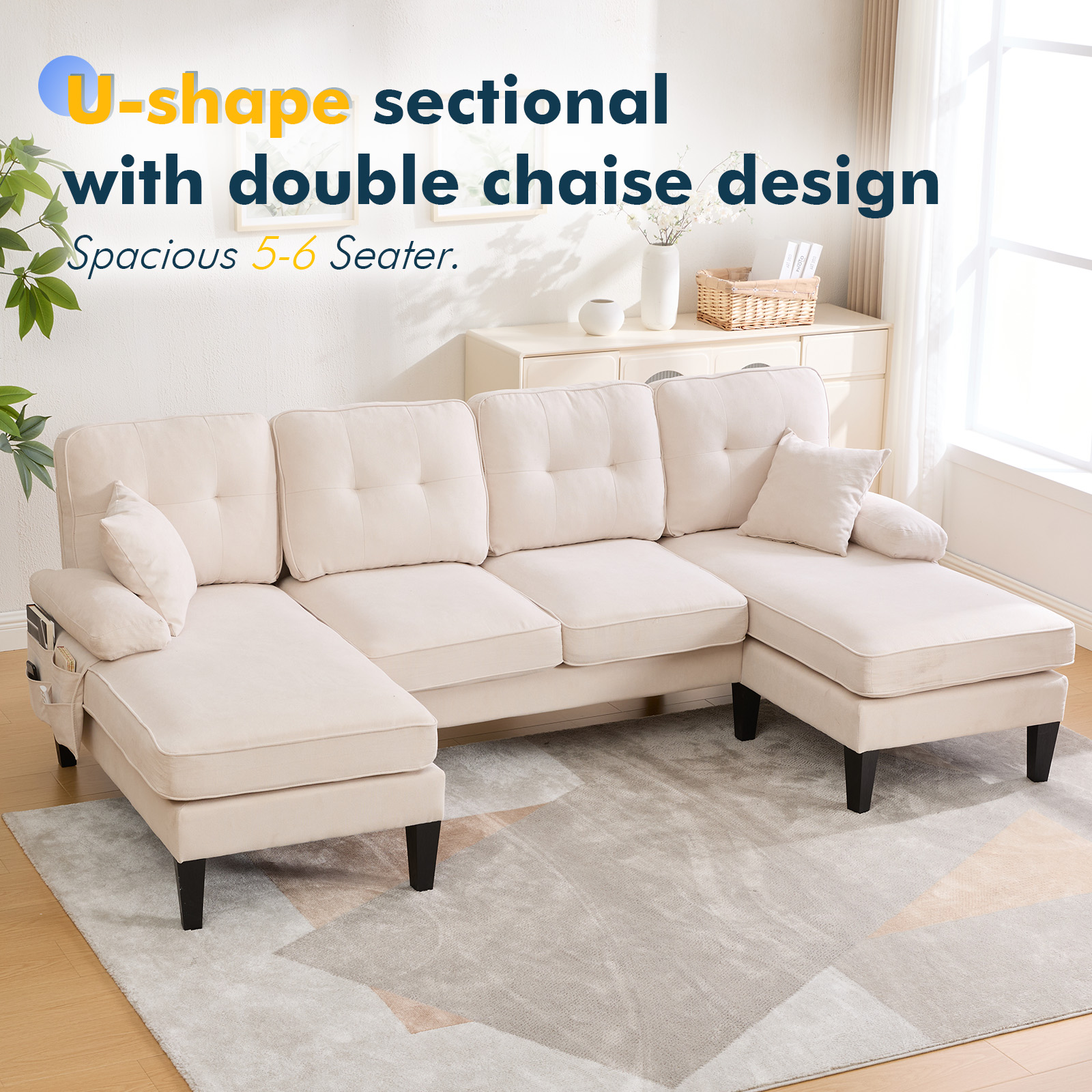 MOONMISS U-Shaped Sectional Sofa, 4 Seater Sectional Couch with Chaise, Modular Sleeper Sectionals for Living Room-Beige