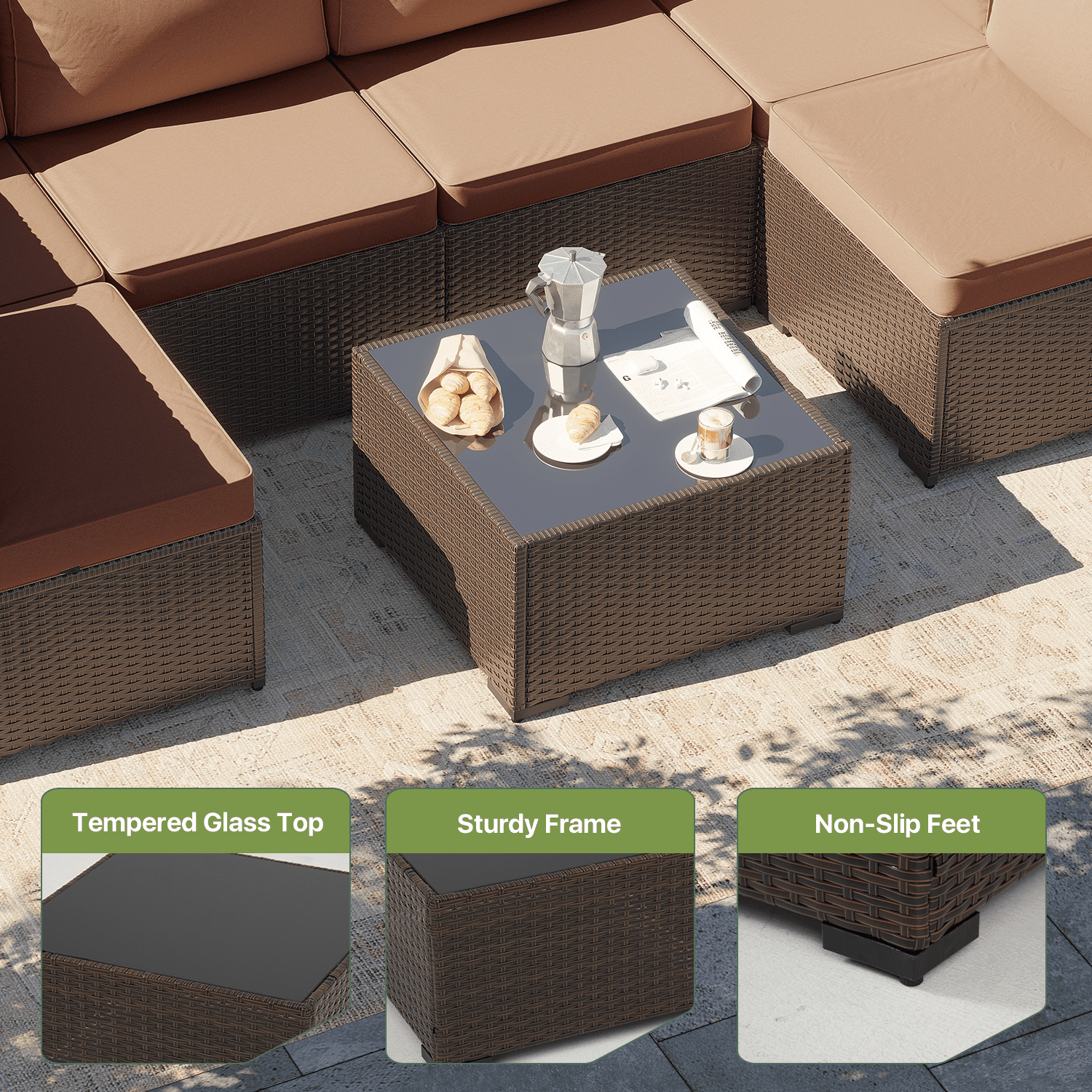 BaPiPro 7‑Piece Modular All‑Weather Patio Furniture Set, Brown Rattan Wicker Outdoor Sectional Sofa with Thickened Khaki Cushions & Tempered Glass Coffee Table for Backyard Porch Deck Balcony