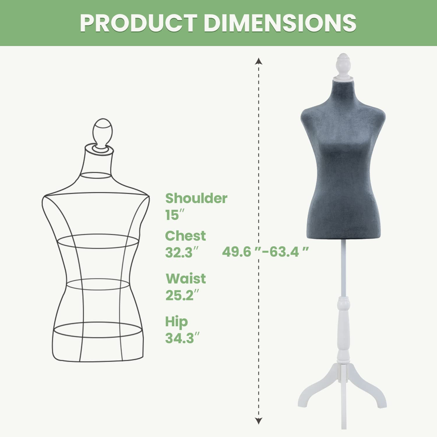 Mannequin Body Female, Dress Form Mannequin Torso Manikin with 49.6-63.5 inch Height Adjustable Wooden Tripod Stand, High Density Foam Portable Display Mannequin for Sewing Dress Display, Grey