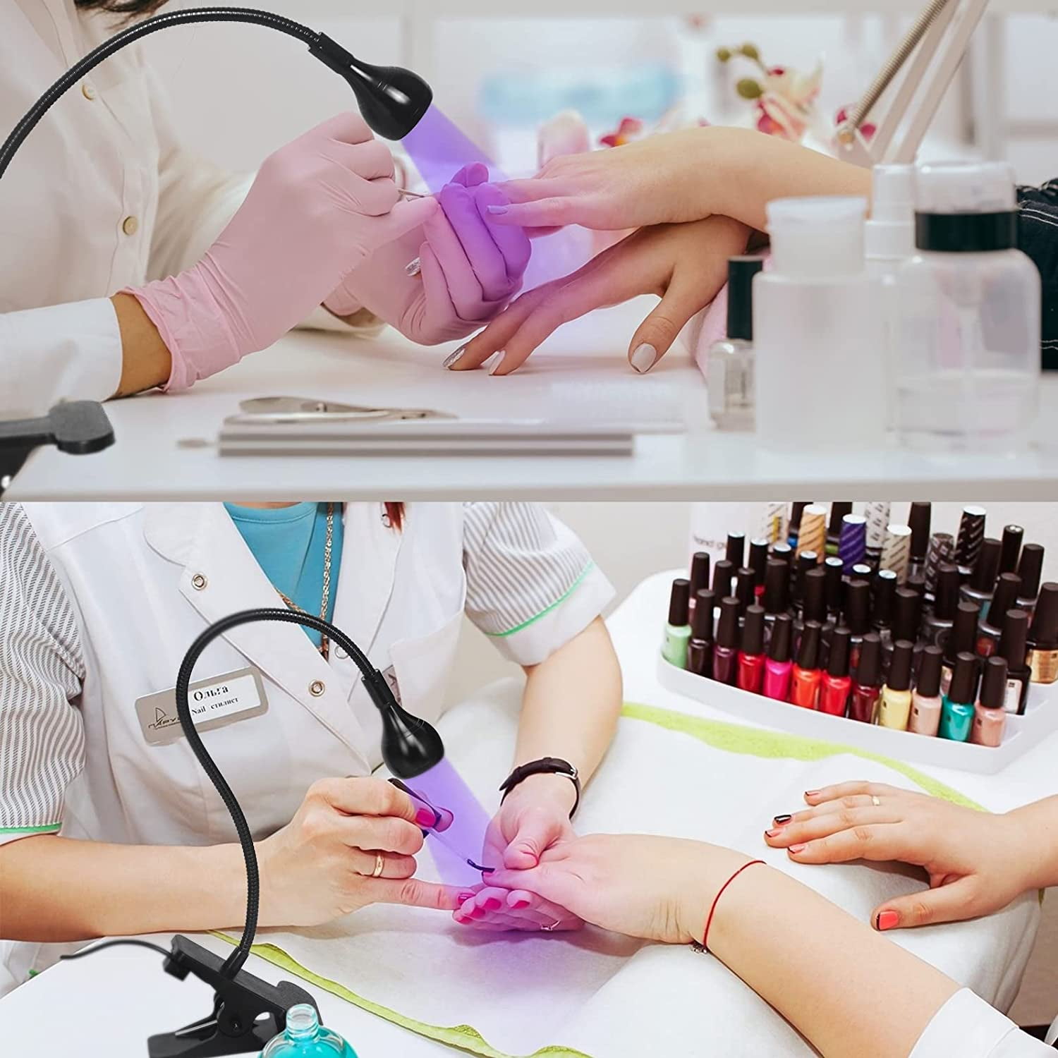 KOMI Nail Lamp with UV Protection Gloves,3W LED Nail Manicure Dryer 35NM Curing Light with Black Gooseneck and Clamp for Gel Nails