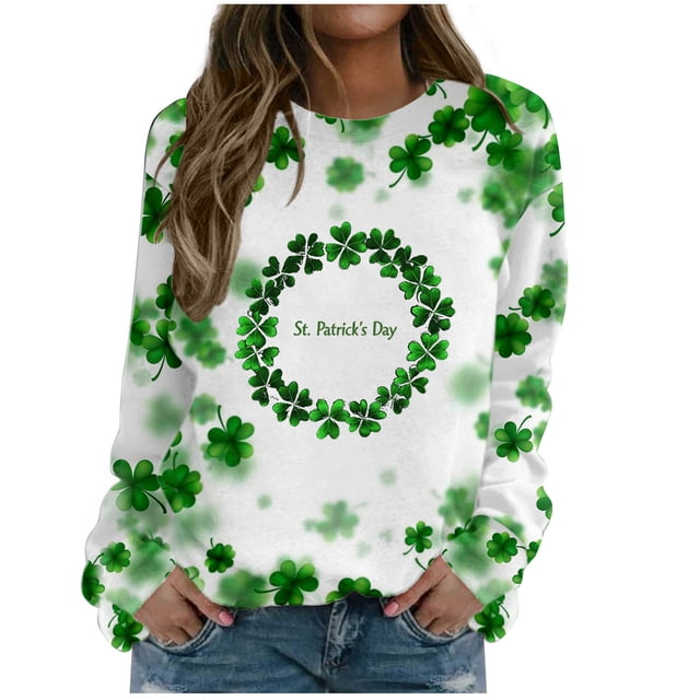 Plebaso Chandail en Molleton de la Saint-Patrick pour Femmes Imprimé Trèfle Col Rond Manches Longues Chandail P-5TG