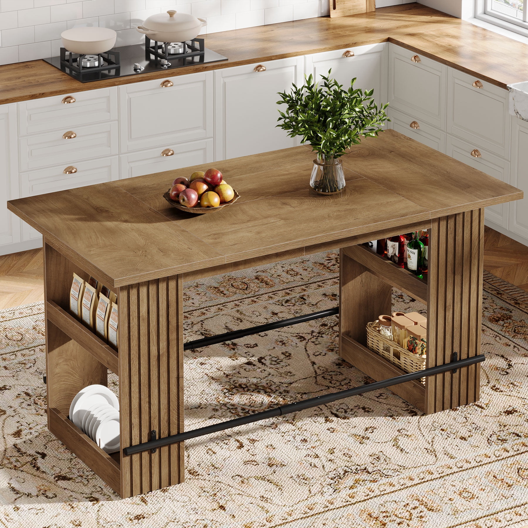 Finmind 63-inch Kitchen Island with Storage Shelves, Industrial Wooden Stationary Island Table, Large Coffee Bar Table with Footrest, Rustic Brown