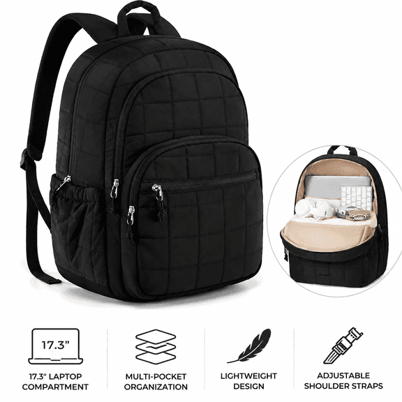 Quilted Laptop Travel Backpack, 17.3" Lightweight Multi-Pocket Daypack for Work, School and Travel, Black