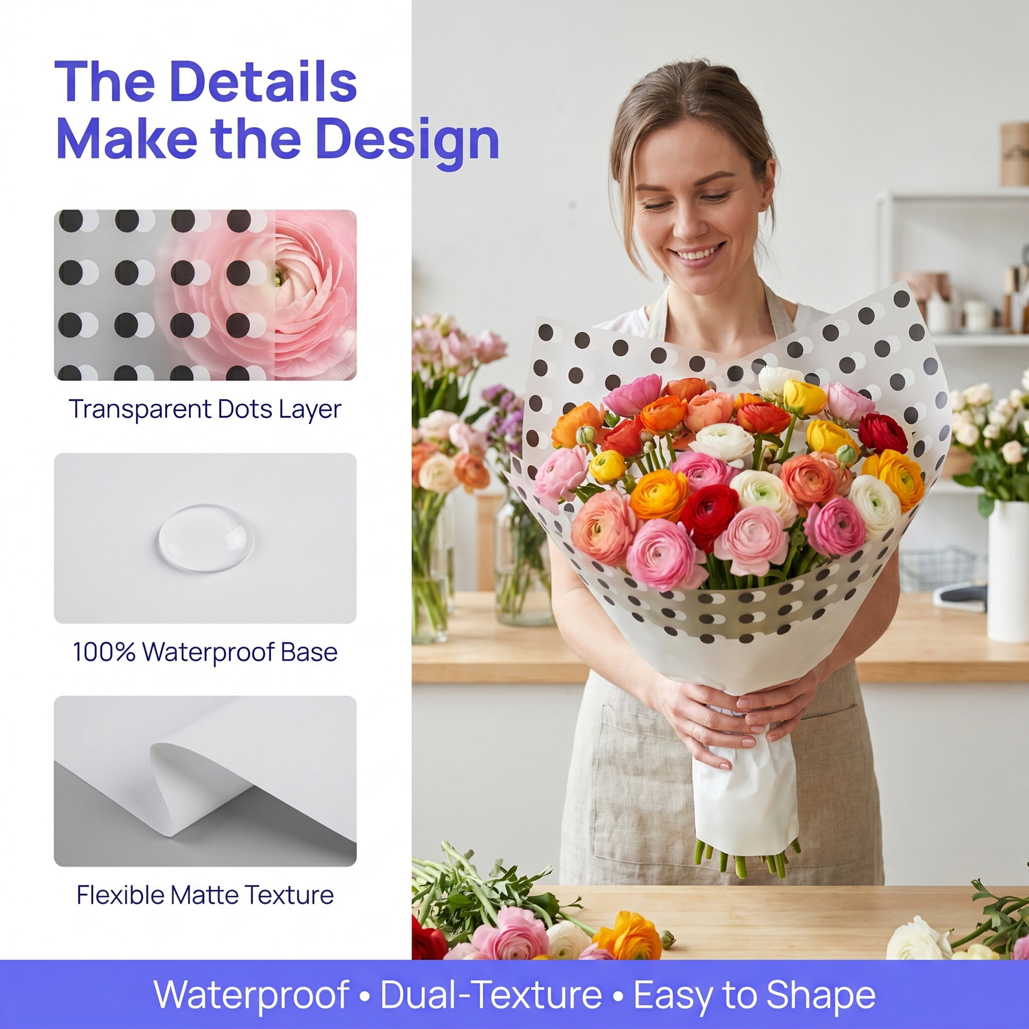 Unique Bargains Polka Dot Waterproof Flower Wrapping Paper Sheets White 22.4"x 22.4"