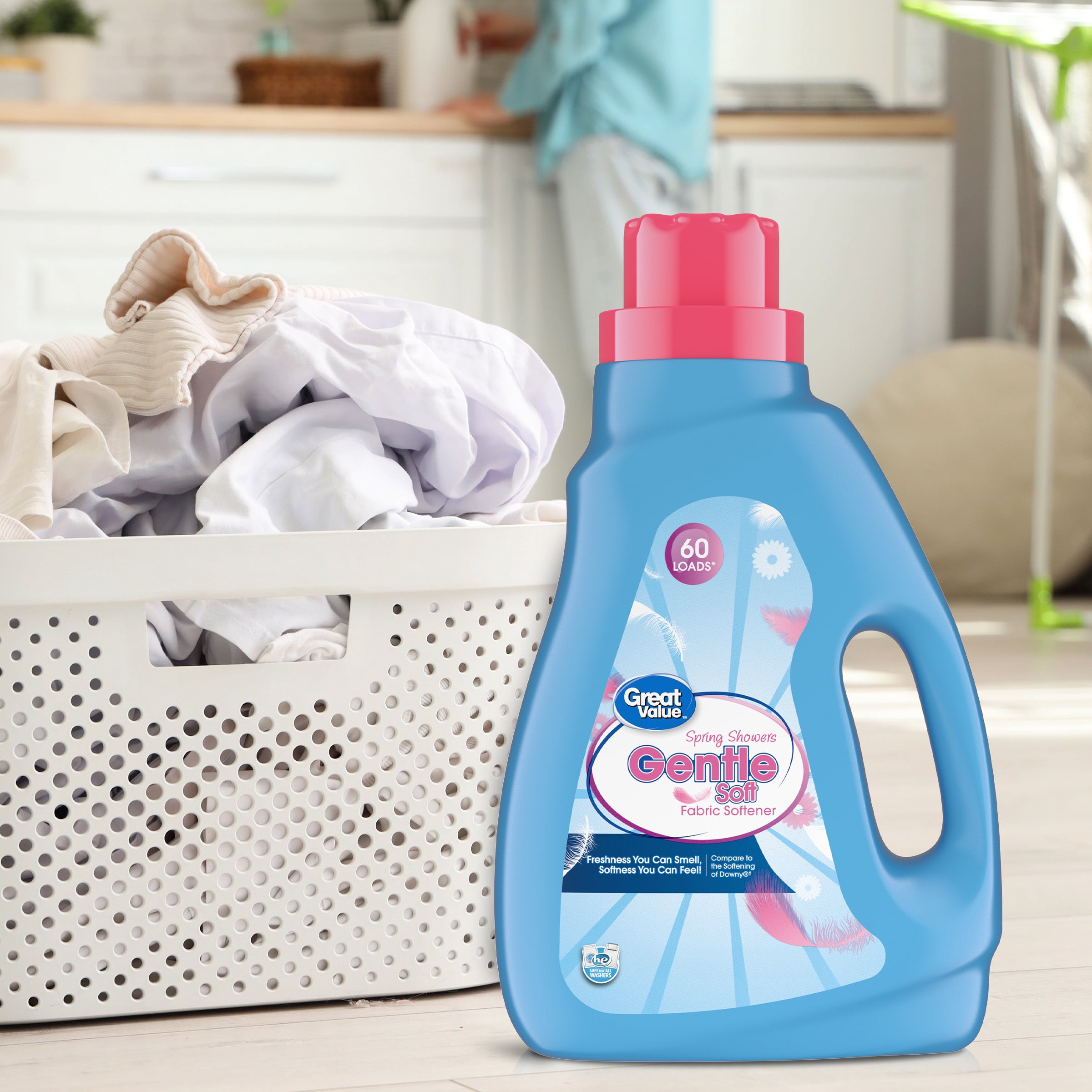 Great Value Gentle Soft Fabric Softener, Spring Showers, 44 fl oz, 60 Loads, Compare to the Softening of Downy®