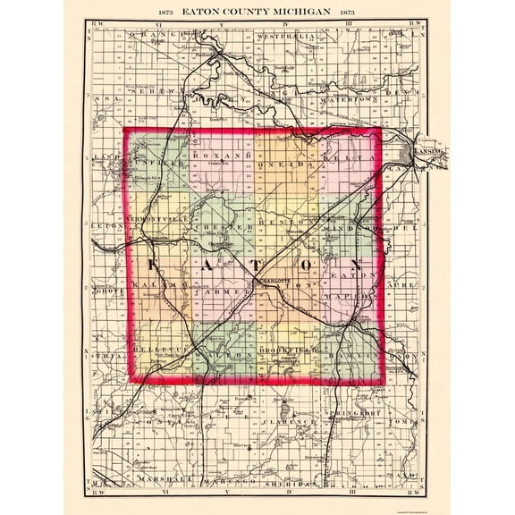 Historic County Map - Eaton County Michigan - Walling 1873 - 23 x 30.56 - Vintage Wall Art