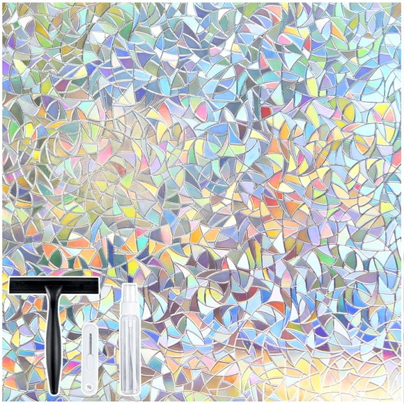 rabbitgoo Window Privacy Film Stained Glass Rainbow 3D Prism Decorative Iridescent Window Sticker Static Cling Suncatcher UV Prot
