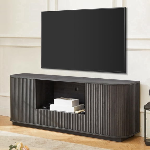 UZUGUL Fluted TV Stand Black 2 Doors Open Shelf Drawer Cable Management Adjustable Shelf