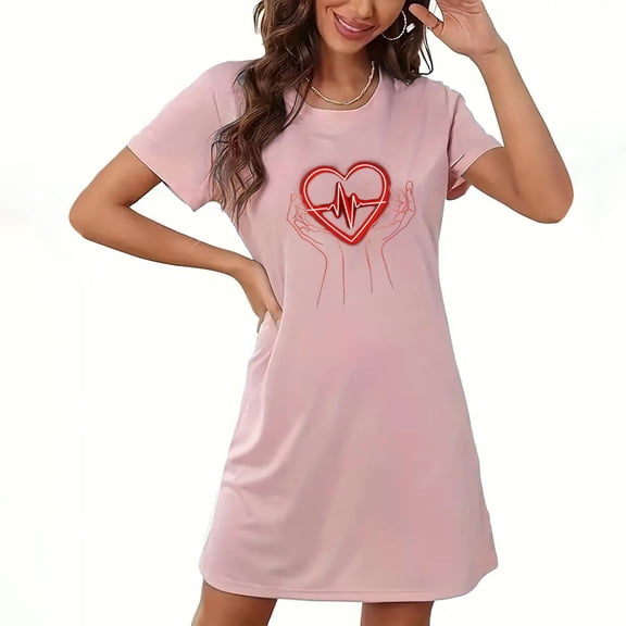 Zorckvet Womens Trendy Nightgowns Heart Graphic Soft Sleepshirts Valentine Comfy Short Sleeve Nightshirts for Women Crewneck