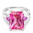 thumbnail image 2 of Gem Stone King 10K White Gold Pink Created Sapphire 3 Stone Engagement Ring for Women (10.60 Cttw, Emerald Cut 14X10MM, Trillion 4MM, Size 5), 2 of 5
