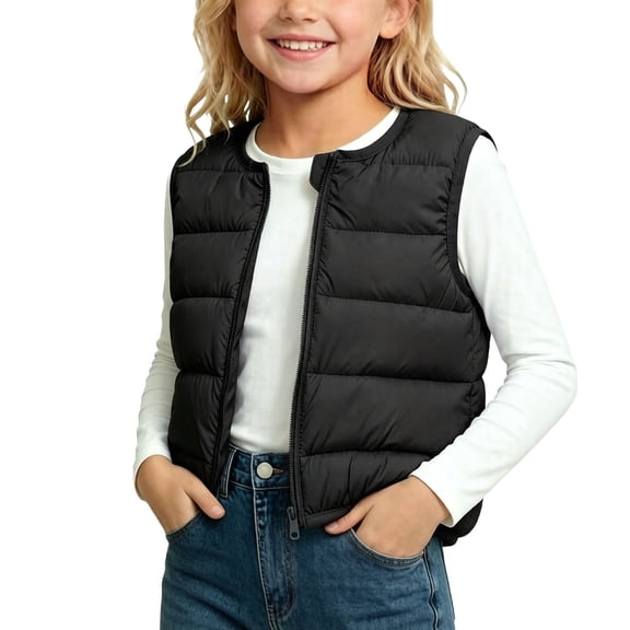 ZACPNCV Kids Puffer Vest Boys Girls Crewneck Zip‑Up Sleeveless Quilted Padded Jackets Fall Winter Lightweight Outer Waistcoat,Black