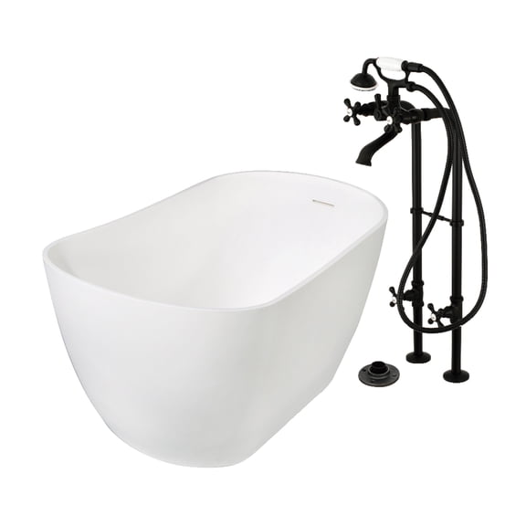 Kingston Brass KRTSS5130266K0 51-Inch Solid Surface Oval Single Slipper Freestanding Tub with Faucet Combo and Drain in Matte Black