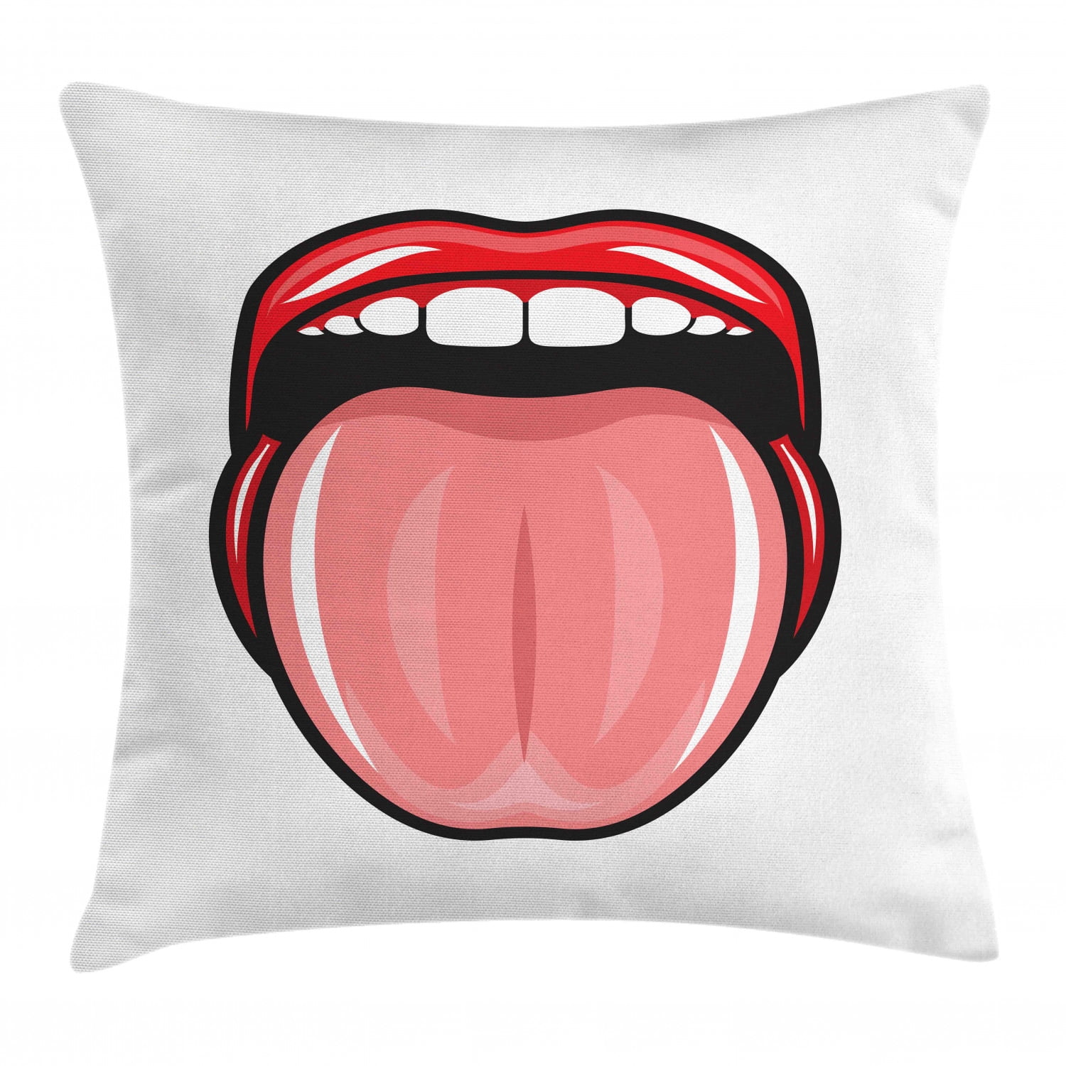 Lips Throw Pillow Cushion Cover, Red Lipstick Open Mouth Tongue Out