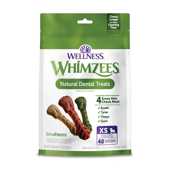 Wellness WHIMZEES Brushzees Dog Dental Treats, Extra Small Size Stick, (48 Count)