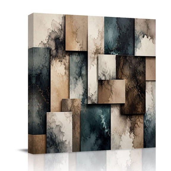 Canvas Wall Art, Teal Brown Framed Canvas Prints for Bedroom Office, Abstract Color Block Geometric Gradient Fluid Art Large Gallery Wrapped Wall Decor for Home Office, Gifts, 16"x16" Ship Next Day