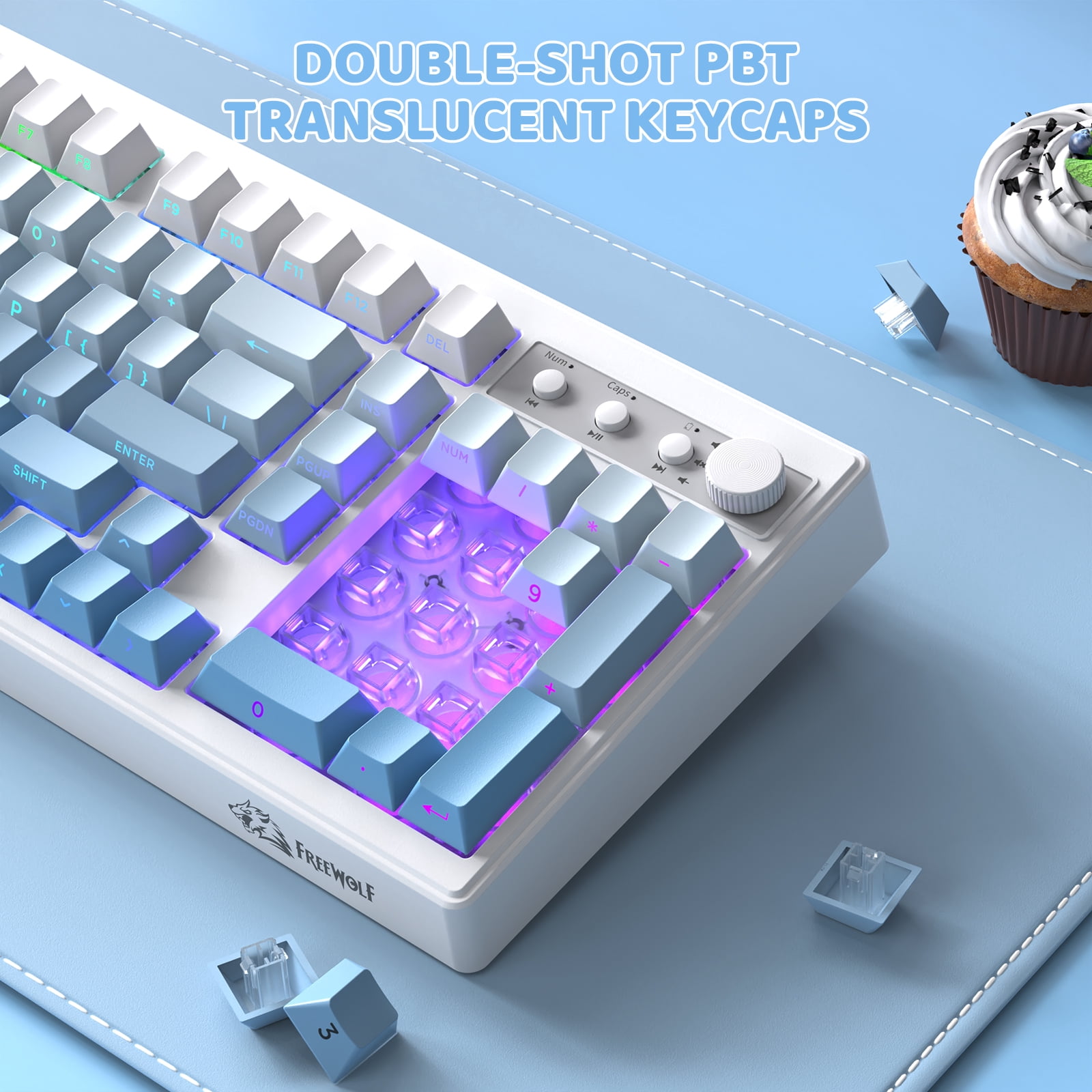 Freewolf-ZIYOULANG K100 99 Keys Gaming Membrane Wireless Tri-Mode BT/2.4GHz/USB-C Computer Keyboard with Media Knob & Side Printed Keys, Blue