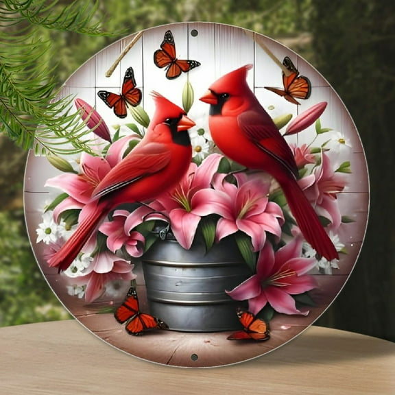 Cardinal Round Wooden Wreath Sign, 8x8 Inch - Decorative Wall Hanging for Home, Room, Porch - Ideal Holiday Gift and Wreath Accessory, Porch Decoration, Wall Decoration