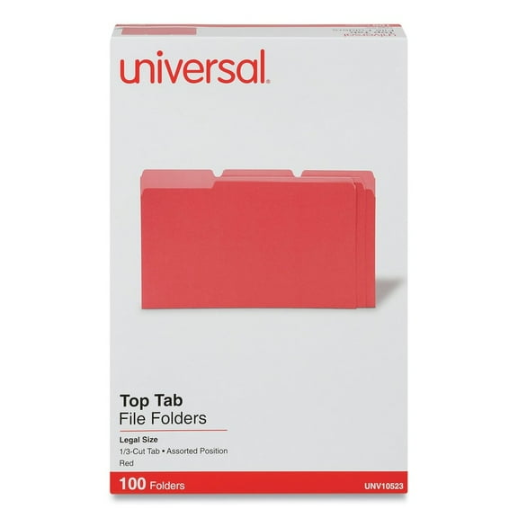 Universal UNV10523 1/3-Cut Tabs, Deluxe Colored Top Tab File Folders - Legal Size, Red/Light Red (100/Box)