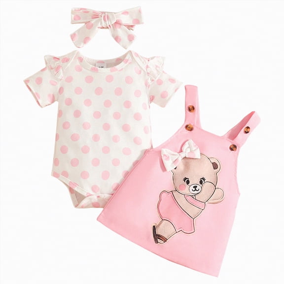 CAICJ98 Baby Girl Clothes Newborn Suspender Skirt Short Sleeve Ruffle Romper Cute Love Bear Dress Bow Headband Infant Outfits Set (Pink,0-3 Months)