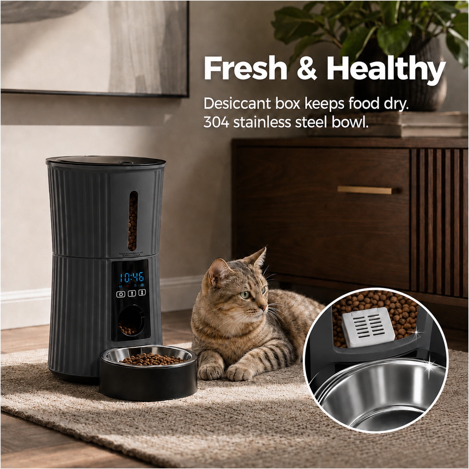 Alvantor Timed Automatic Cat Feeder, 4L Programable Dry Food Dispenser with Desiccant Bag Dual Power Supply 10S Voice Recorder, Smart Pet Feeder for Cats and Small Medium Dogs