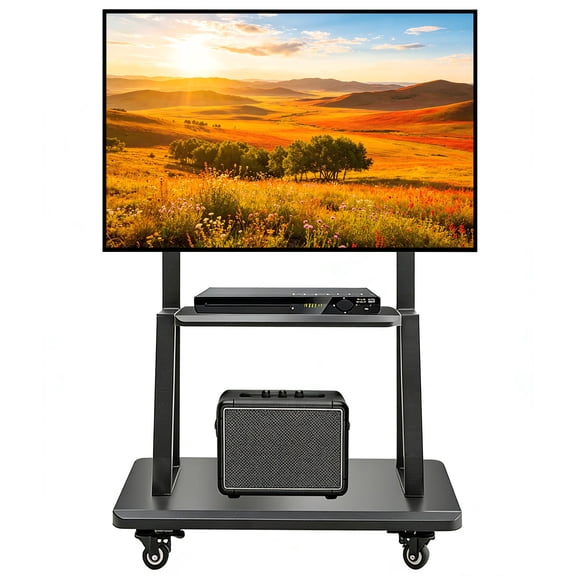 Hellsehen Rolling TV Stand with Wheels Height Adjustable for 32-75 inch TVs Holds up to 220 lbs with Shelf Black