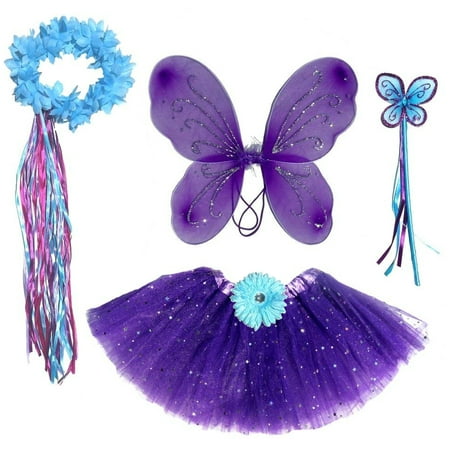 4 Piece Sheer Costume - Girls 4 Piece Fairy Costume in Purple and Teal