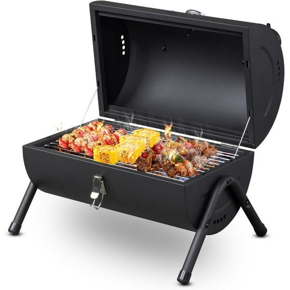 VINGLI Portable Charcoal Grill with Thermometer & Wooden Handle, Multi-functional Metal Compact Tabletop BBQ Outdoor Charcoal Grill for Camping Travel Picnic Patio