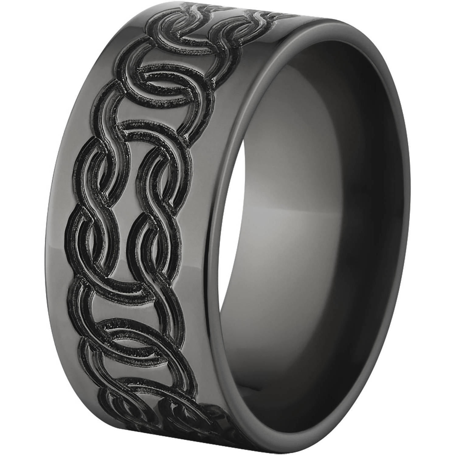 10mm Flat Black Zirconium Ring with a Milled Celtic Design