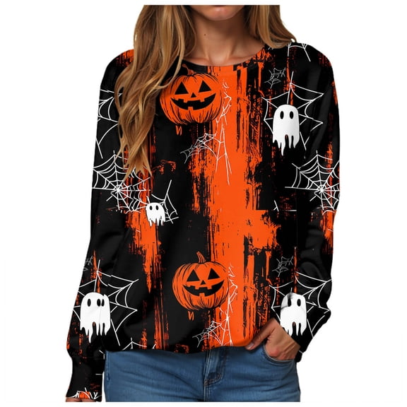 Duqingm Halloween Shirts for Women 2026 Novelty Funny Print Gothic Tshirts Long Sleeve Crewneck Tops,L