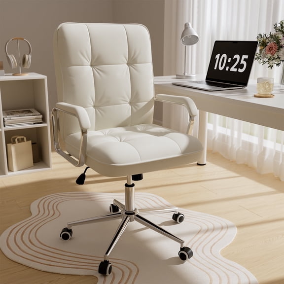 Genpo White Office Chair, Swivel Leather Computer Desk Chair with Wheels and Padded Arms, Executive Office Chair for Adults