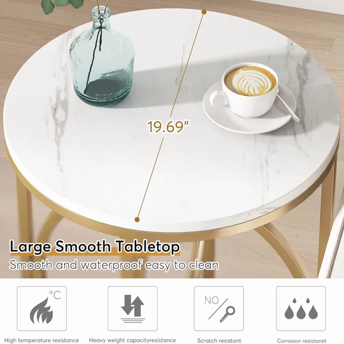 Round Gold Side Table with White Marble Top, O-Shaped Metal Frame for Living Room/Bedroom/Nightstand