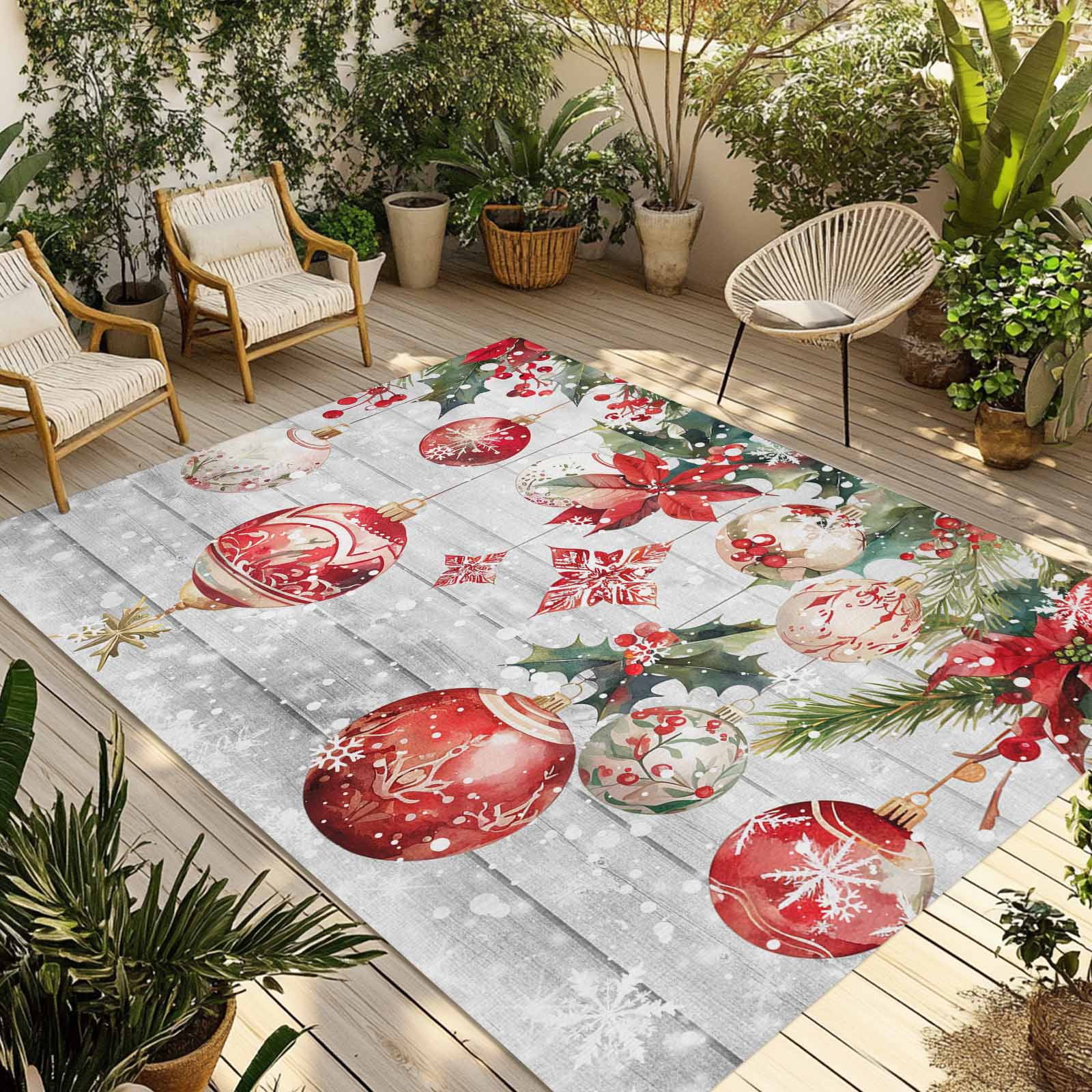 Outdoor Rug, Xmas Bell Christmas Poinsettia Berry Indoor Area Rug Outdoor Carpet RV Camping Rugs 5x8ft Farm Wood Board Outside Mat for Patio Picnic Porch Deck Balcony Backyard