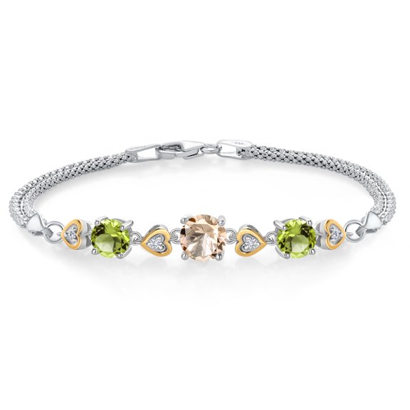 Gem Stone King 925 Sterling Silver and 10k Yellow Gold Peach Morganite Green Peridot and White Lab Grown Diamond Bracelet for Women (3.23 Cttw, Round 7MM and 6MM, 6.5/7/7.5 inch, Made in Italy)