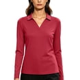thumbnail image 2 of Women's Athletic Polo Top Long Sleeve Collared V Neck Quick Dry Stretch Slim Fit Breathable Golf Daily Casual Shirt Red XL, 2 of 7