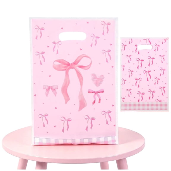 Pink Bow Gifts Bags 50pcs Plastic Candy Goodies Bags with Handles for Christmas/ Valentine's Day（9.84 X 6.3in）