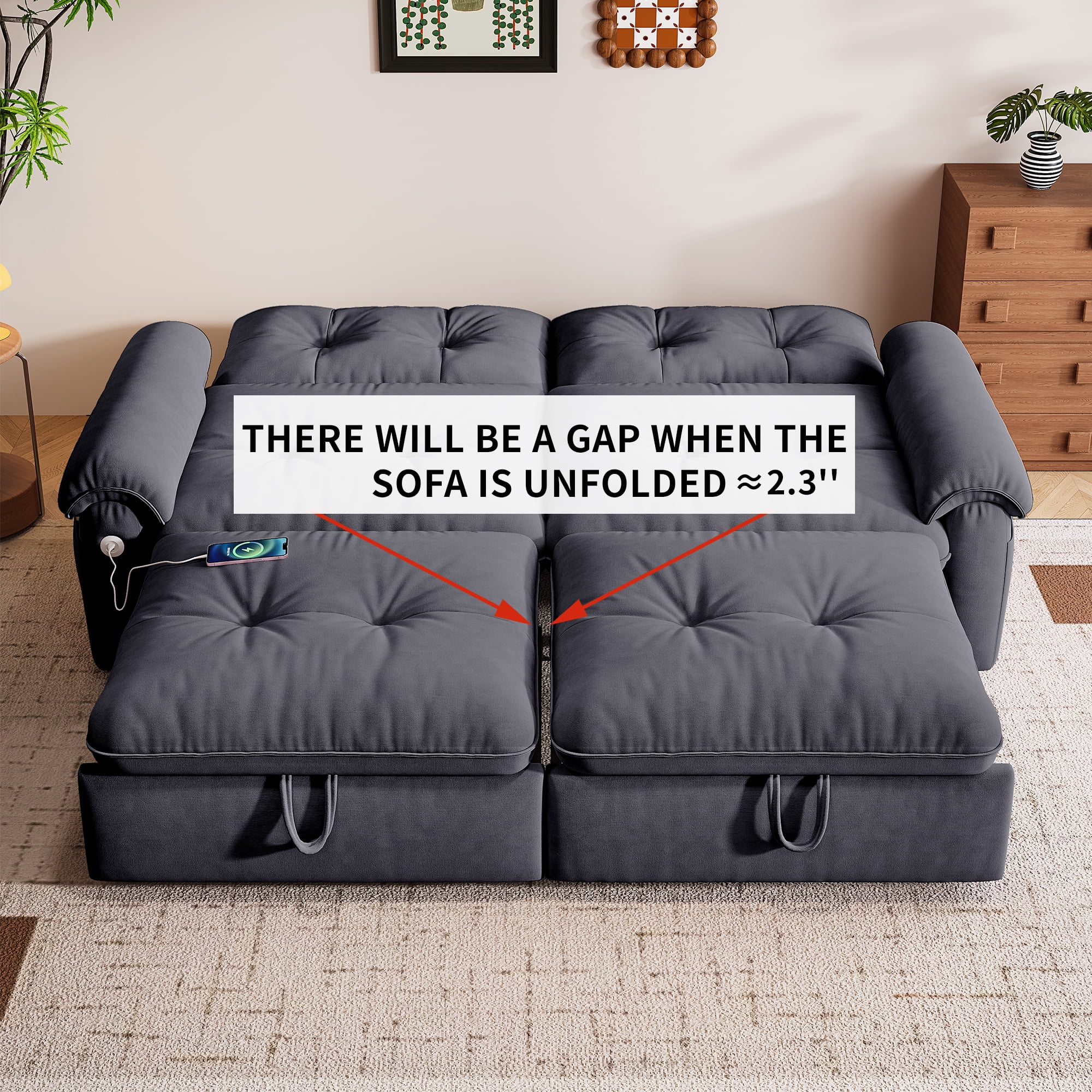 LLappuil 77" Pull Out Sofa Bed Queen Size, Loveseat Sofa Convertible Sleeper Sofa Bed, Flannelette Fabric Sofa Couch for Living Room Gray
