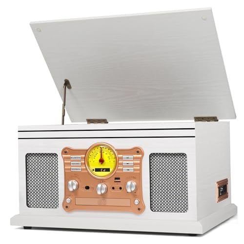 Tocadiscos Bluetooth 10 en 1 vintage con altavoces integrados, tocadiscos de vinilo, reproductor de casete de CD y radio AM/FM, centro multimedia, grabación USB, salida RCA, entrada auxiliar, madera b