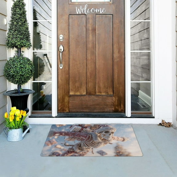Christmas Skeleton Flying on Snowy Day Doormats Welcome Mats Gate Pads Entryway Outdoor 32" x 20"