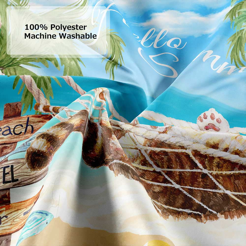 Summer Beach Shower Curtain Cute Cat Tropical Palm Tree Coast Seaside Sea Ocean Themed Bathroom Bath Curtain, Polyester Fabric Bathroom Accessory Decor Sets with Hooks